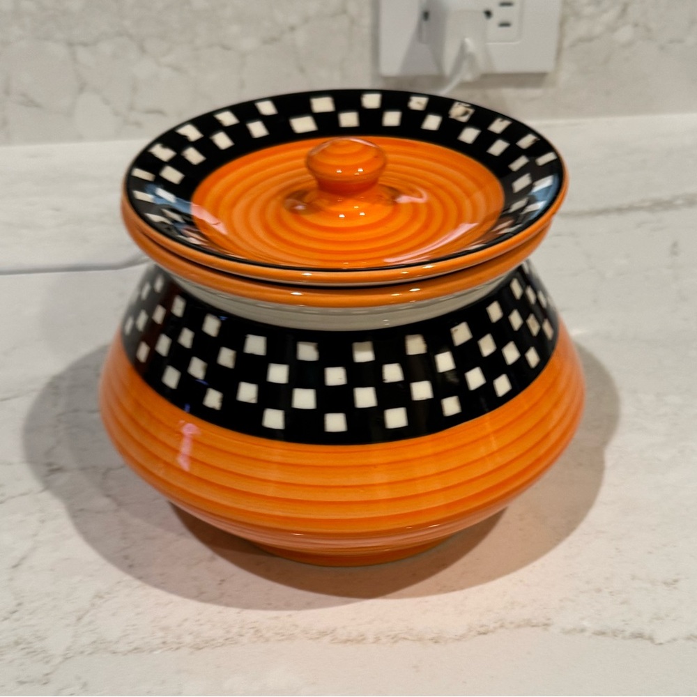 Signed Studio Art Pottery Ceramic orange and black Canister Jar & Lid